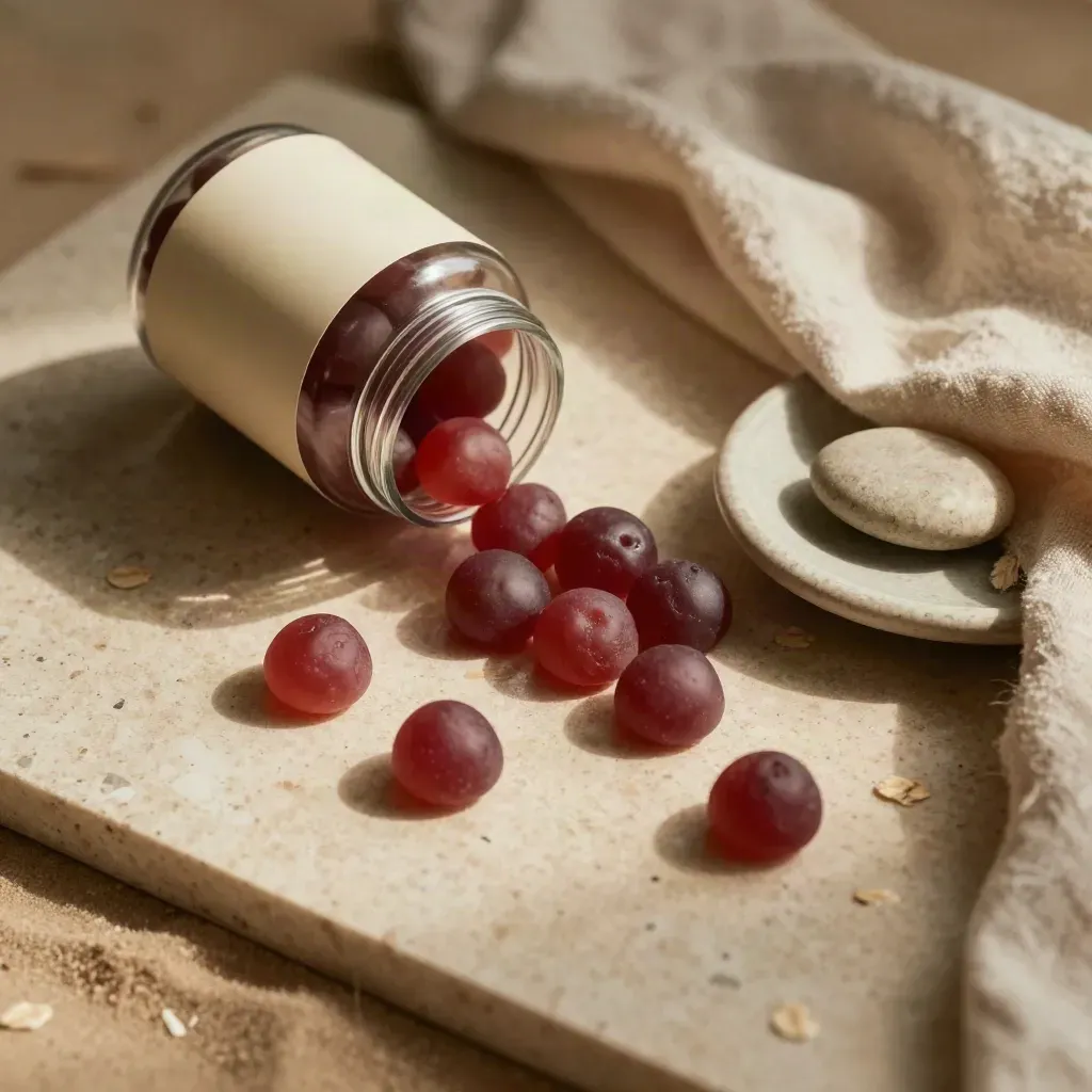 Open sleep gummies jar tipping onto travertine with berry chews, pebble dish and cream linen.