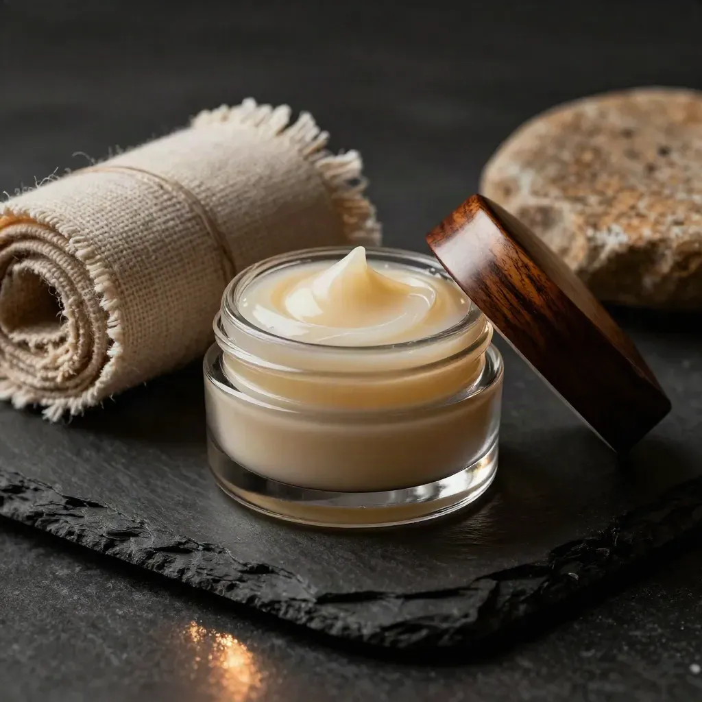 Open CBD balm jar with wooden lid, linen strip and stone puck on dark slate under dramatic studio light
