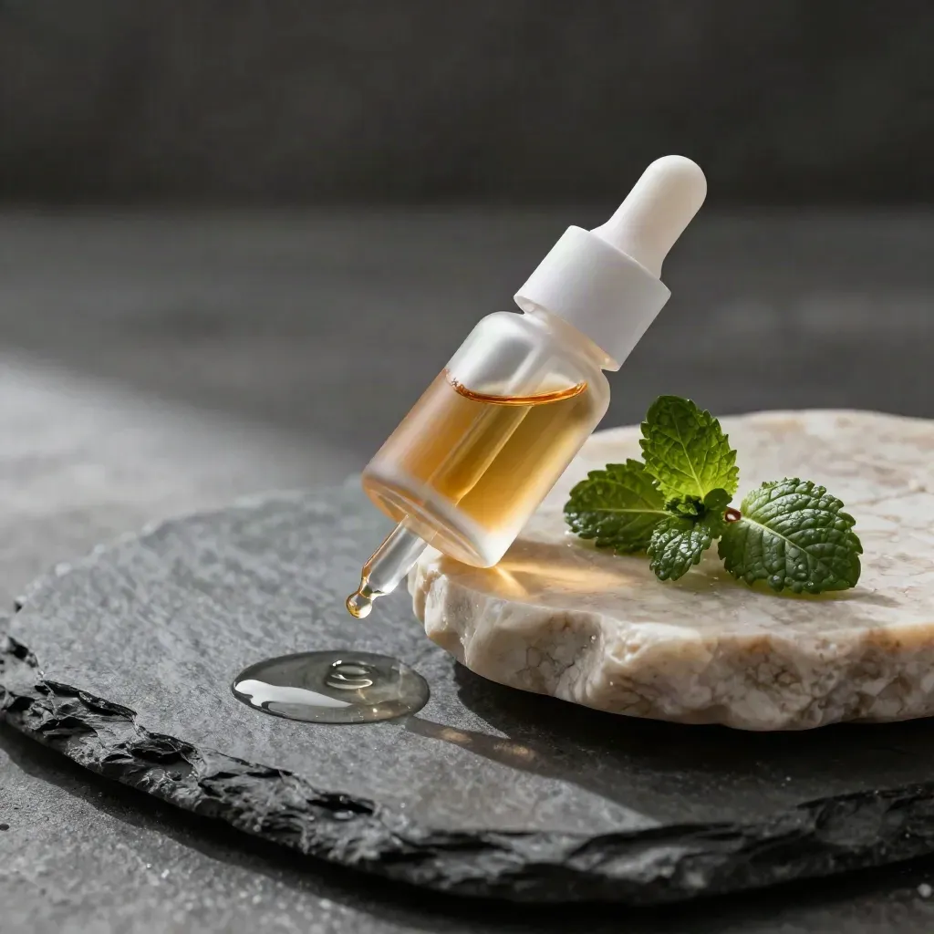 CBD oil bottle, stone dish, mint leaves, and a water drop on damp slate in moody macro light