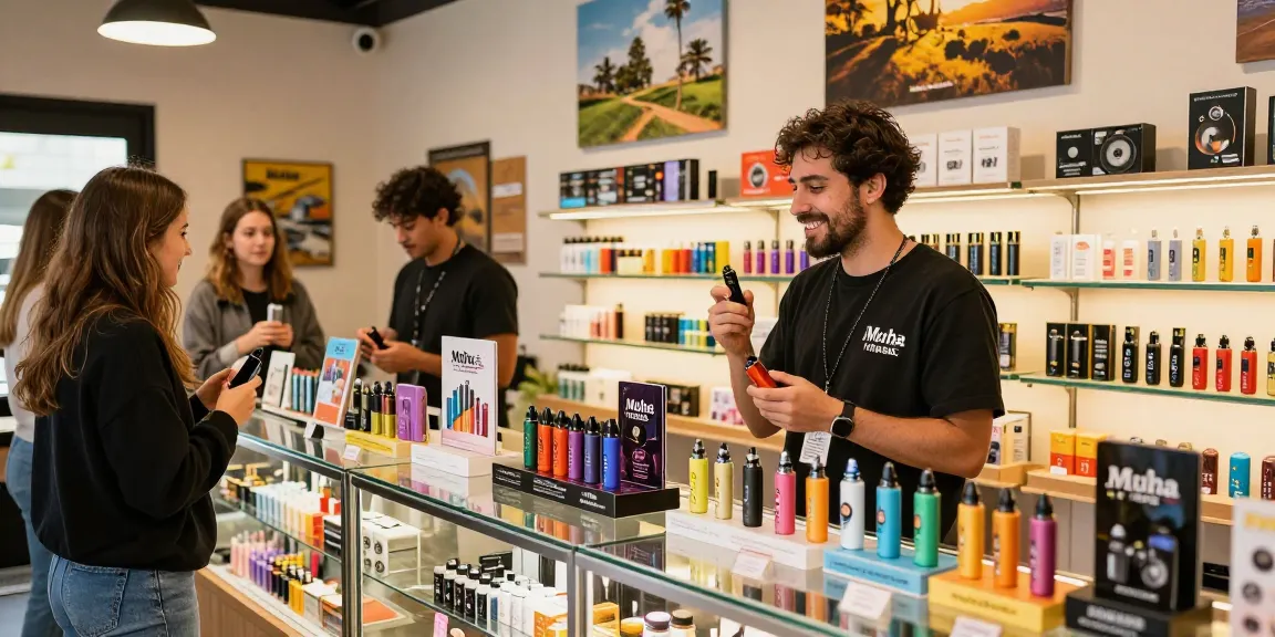 Muha Meds products displayed in a modern vape shop, inviting atmosphere for customers.